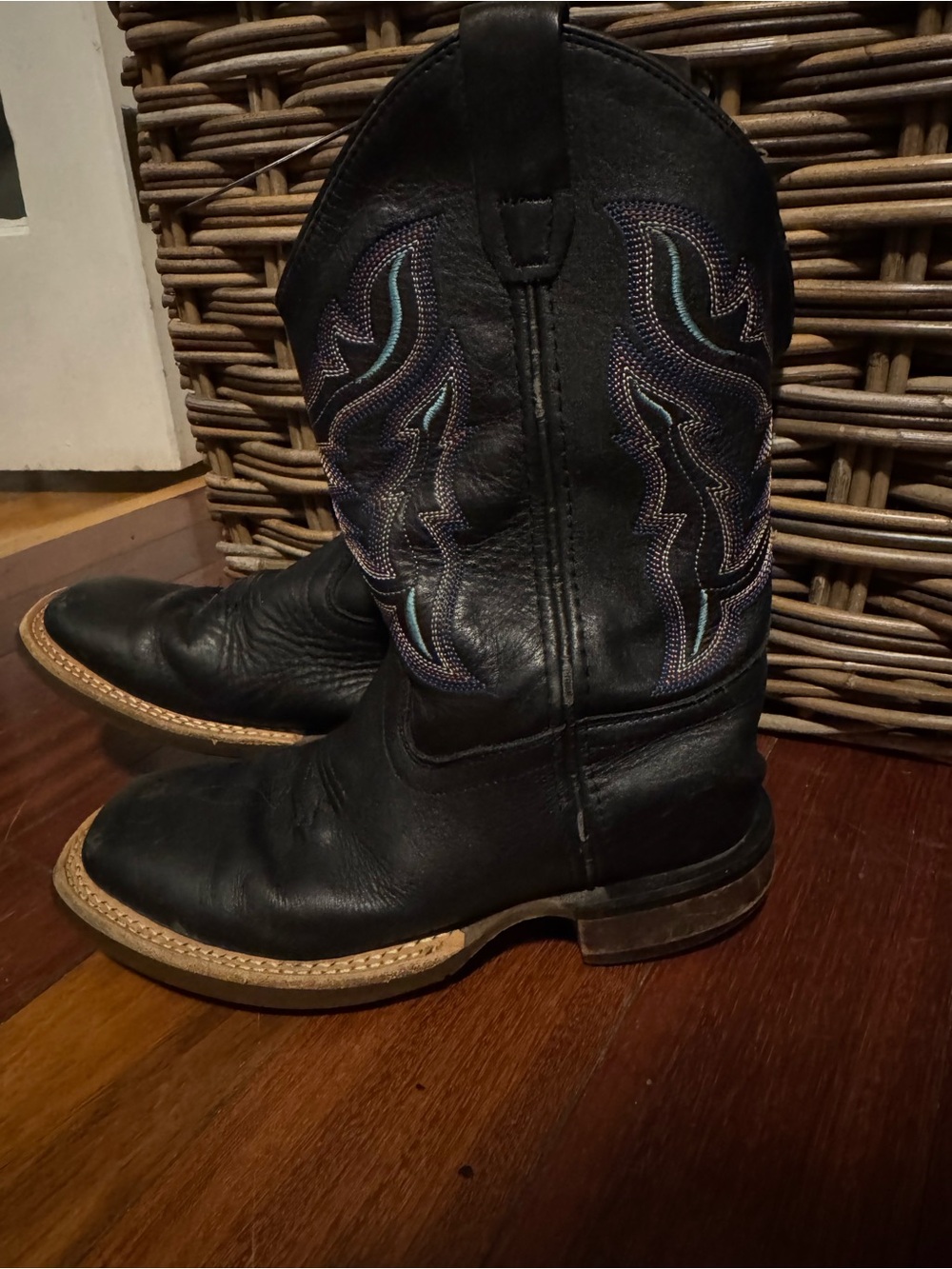 Old West Black Cowboy Boots with Blue & Purple Embroidery